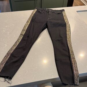 MOTHER Black Jeans Glittering Gold High Waisted Looker Ankle Fray Guilty Flash
